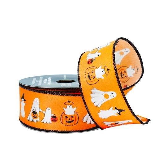 1.5" x 10yd. Orange Ghosts & Jack-o'-Lanterns Wired Ribbon by Celebrate It®